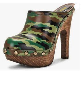 FSJ Camouflage Round Toe Mules Wooden Block High Heel Clogs Slip On Sandals